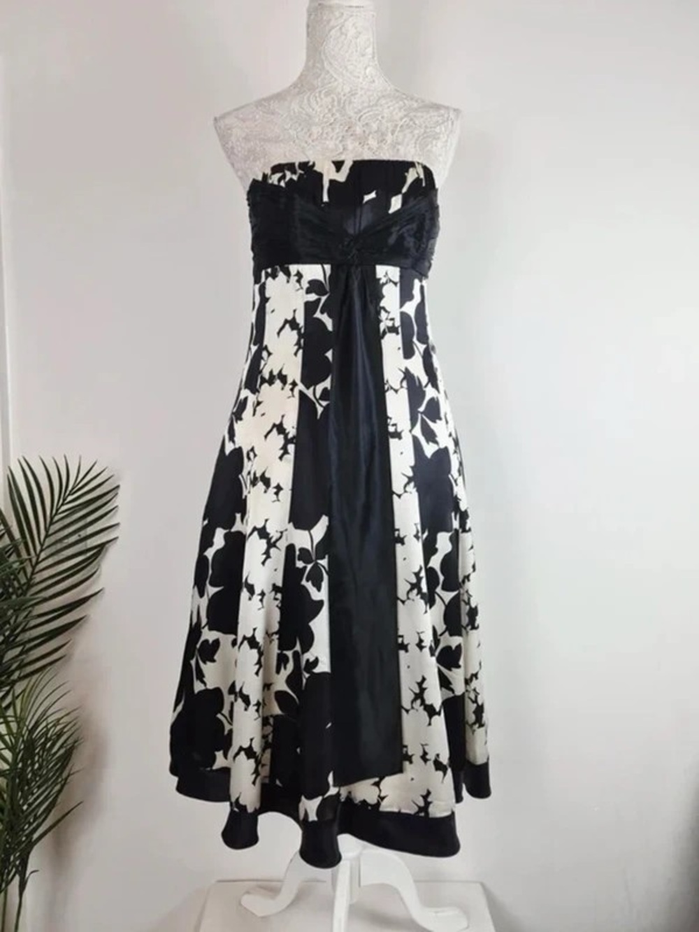 Strapless Black and White Floral Maxi Dress with Waist Sash